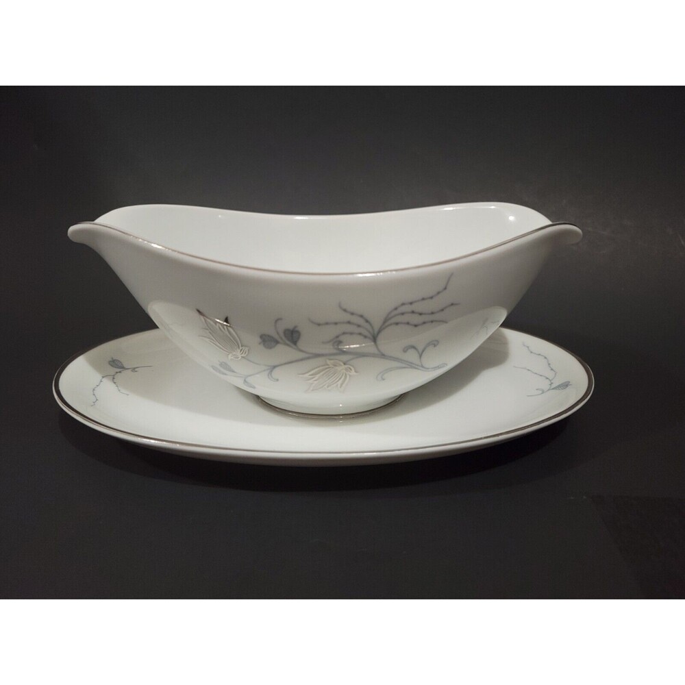 ESCHENBACH BARONET CHINA SILVER ARBOR GRAVY BOAT W/ATTACHED UNDER PLATE BAVARIA